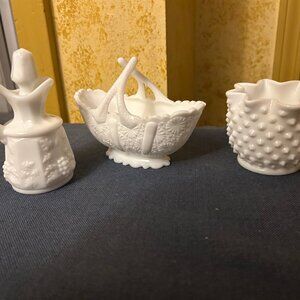 Vintage Milk Glass  basket, cruet, creamer,  cruet 5in , creamer 3in , basket 4.
